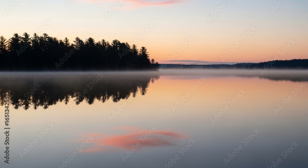Fototapeta premium Misty Lake Sunrise: Serene Reflection of Trees and Sky in Calm Waters