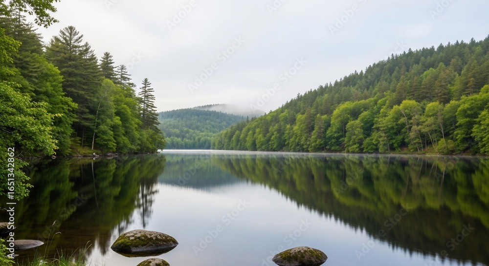 Fototapeta premium Misty Morning Serenity: A Glassy Lake Perfectly Mirroring a Verdant Forest