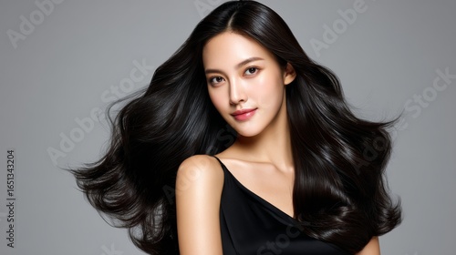 Elegant Young Woman with Long Flowing Black Hair Against Neutral Gray Background