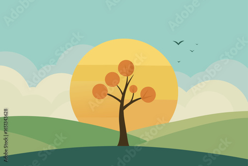 Rising Sun with a Solitary Tree