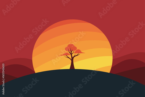 Sun Setting Behind a Single Hill