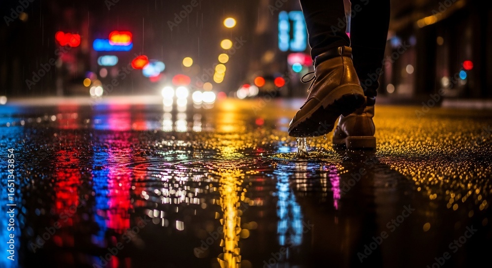 Obraz premium Rainy Urban Night: Person's Boot Splashing into Puddle, Vibrant City Light Reflections