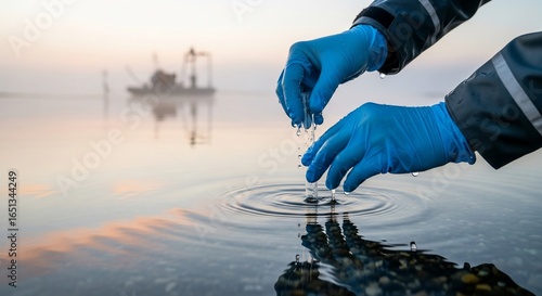 Scientific Water Sampling at Dawn: Gloved Hands and Test Tube Create Ripples on a Misty Lake.