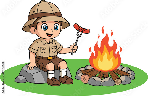 Cartoon Scout Roasting Sausage over Campfire—Beige Hat, Brown Shorts, Stick and Fire on Grass for Kids, Camping, and Outdoor Themes