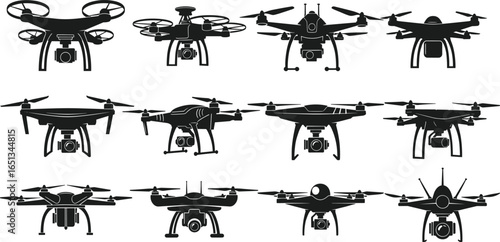 Drone Silhouette Set—12 Unique Designs Featuring Quadcopters, Hexacopters, and Camera Mounts for Tech, Aviation, and Surveillance Themes