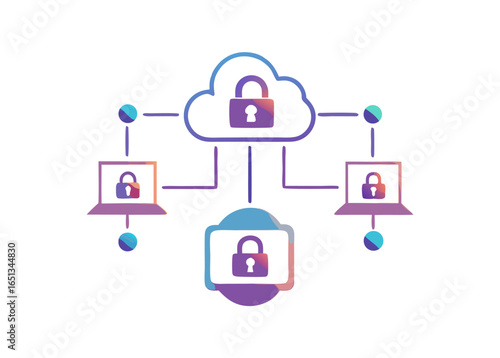 Cloud Security Network Illustration Featuring Padlocks on Computers and a Centralized Cloud Server Protecting Data Transmission