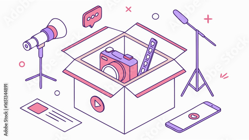 Isometric Vlogging Kit Illustration Featuring Camera, Microphone, and Smartphone for Content Creation and Online Communication