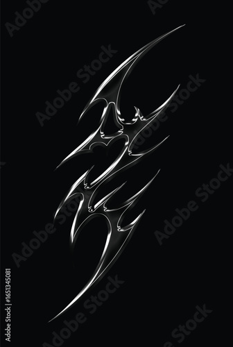 chrome metal of y2k neo tribal sigilism gothic tatto. Flame shape liquid mercury. 3d illustration of abstract neo tribal cyber sigil metallic melted modern burn form, design element. 3D Illustration