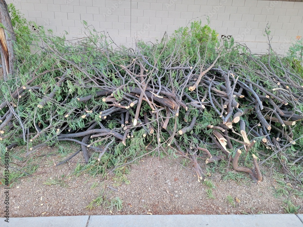 Obraz premium Mesquite twigs cuts after annual tree trimming found along Arizona residential xeriscaped roadside