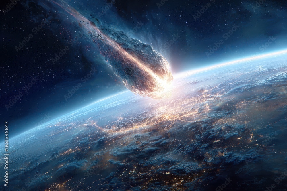Fototapeta premium Celestial Collision: A Meteor's Journey Towards Earth â€“ Astronomy Insights and Impact Warnings