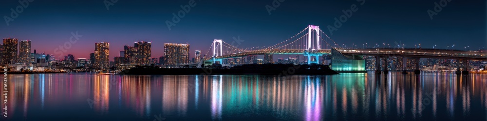 Obraz premium Stunning View of Tokyo's Rainbow Bridge: A Panoramic Skyline over Odaiba's Port in Japan