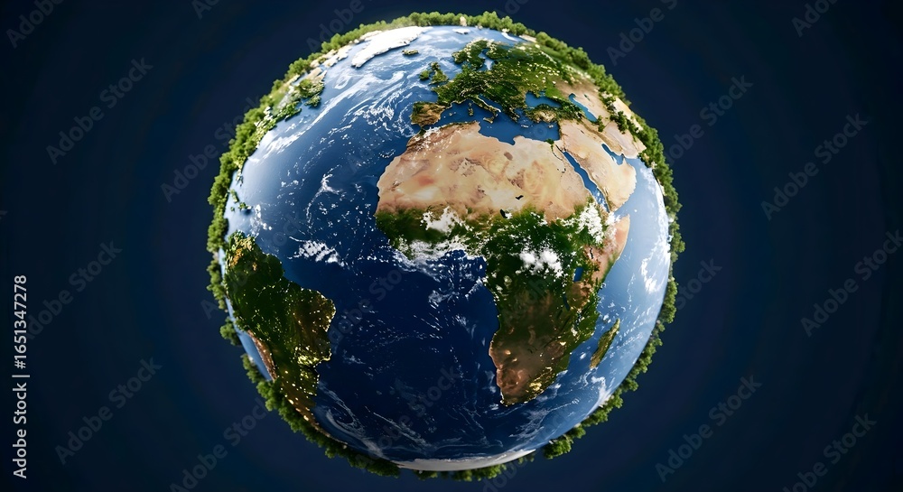Fototapeta premium Earth from space, centered on Africa, showcasing oceans, deserts, and lush greenery against a dark blue background, highlighting natural beauty and diversity, AI Generated.