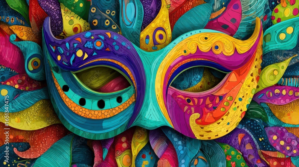 Obraz premium Vibrant Carnival Mask. Colorful Festival Illustration with Space for Text, Celebrating Tradition and Joy