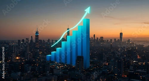 A blue bar graph with an upward arrow is superimposed over a cityscape at dusk, symbolizing growth and progress. AI Generated.