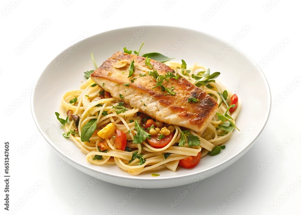 Pasta with fish and vegetables isolated on white background, a delicious and healthy dish for lunch or dinner, a gourmet meal with fresh ingredients and italian style Pasta with fish and vegetables isolated on white background, a delicious and healthy dish for lunch or dinner, a gourmet meal with fresh ingredients and italian style