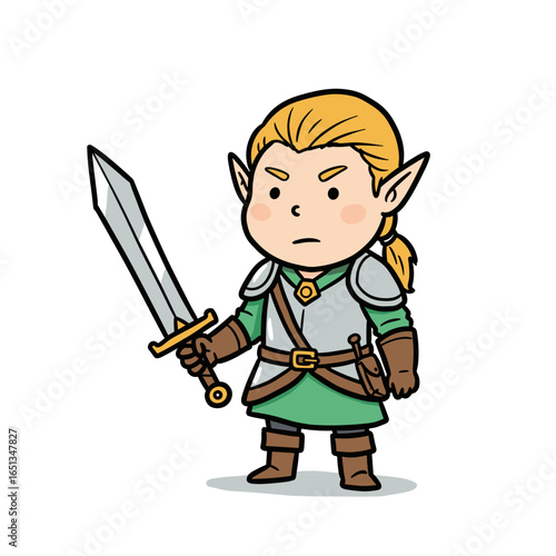 Cartoon elf character holding sword in fantasy style illustration  