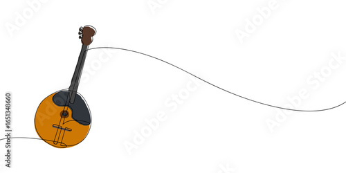 Minimalist line drawing with color accents of a domra. Traditional string musical instrument illustration for folk music, cultural performance, and design concepts.