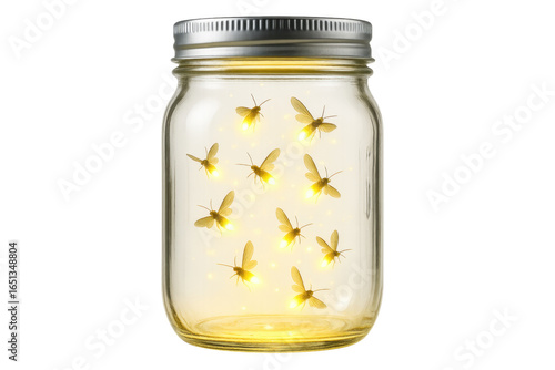 Fireflies trapped in a glass jar emitting light on a transparent background