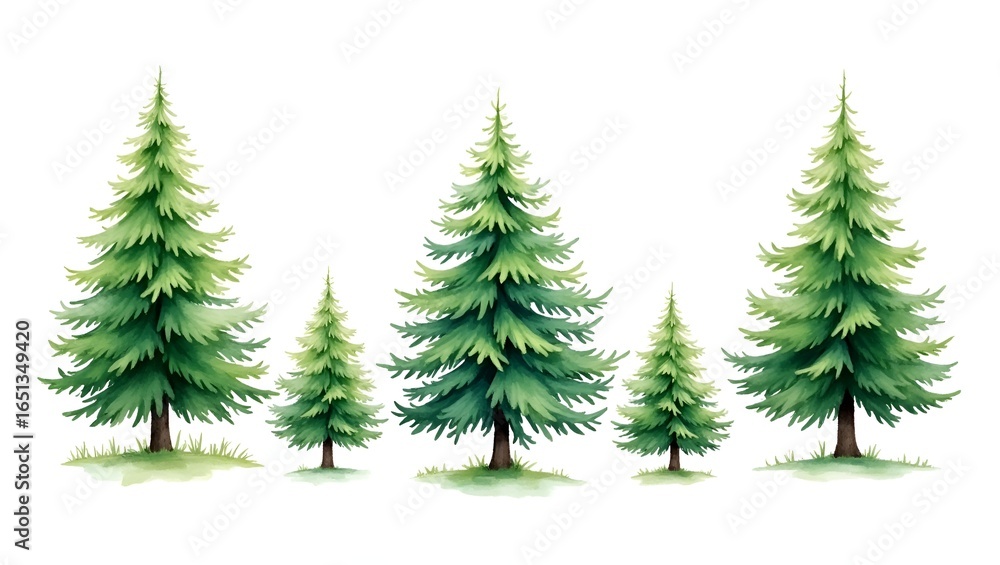Obraz premium Watercolor forest plant set featuring detailed fir and pine trees, natural evergreen elements for seasonal design.