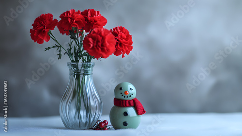 Vase of Red Carnations Beside a Ceramic Snowman Figurine