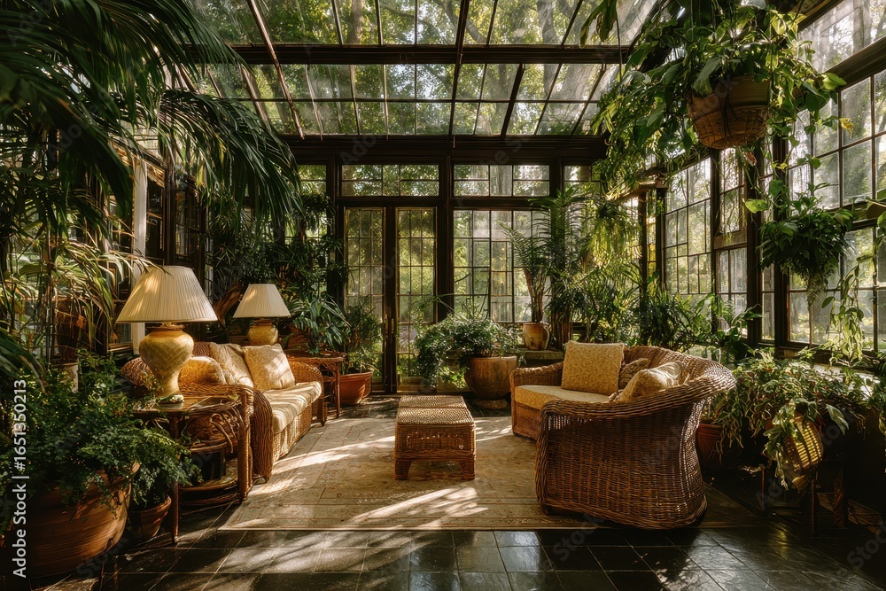Fototapeta premium Sunlit Indoor Garden Retreat with Sitting Area and Woods View for Relaxed Living