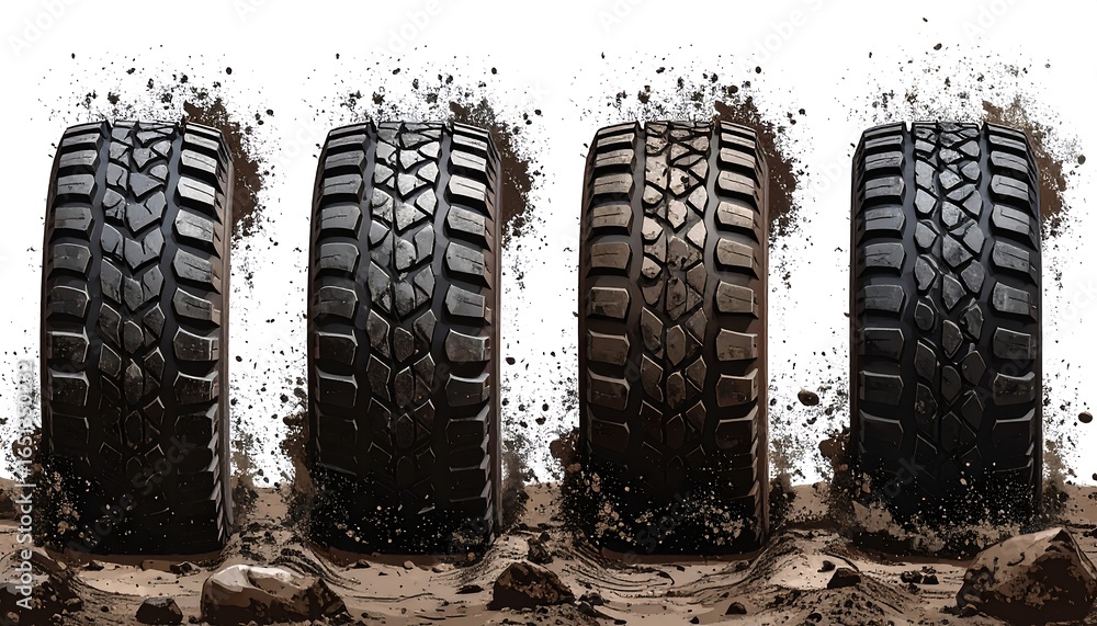 Obraz premium Four tires emerging from a bed of mud.