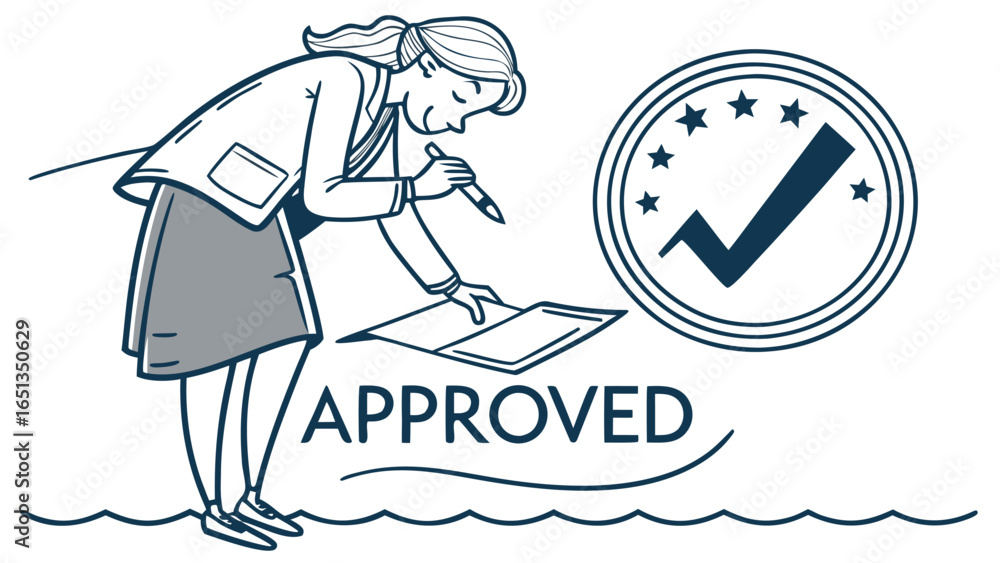 Obraz premium Approved stamp with woman signing document for validation confirmation and official approval illustration 