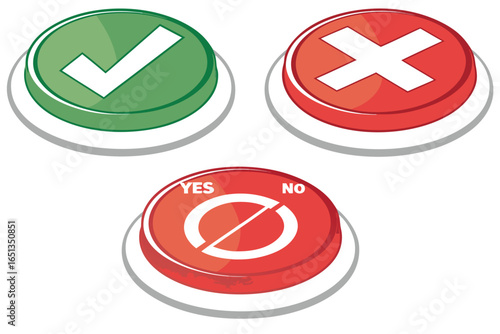 Yes and no choice buttons with check mark and cross symbol for approval and rejection decision illustration
