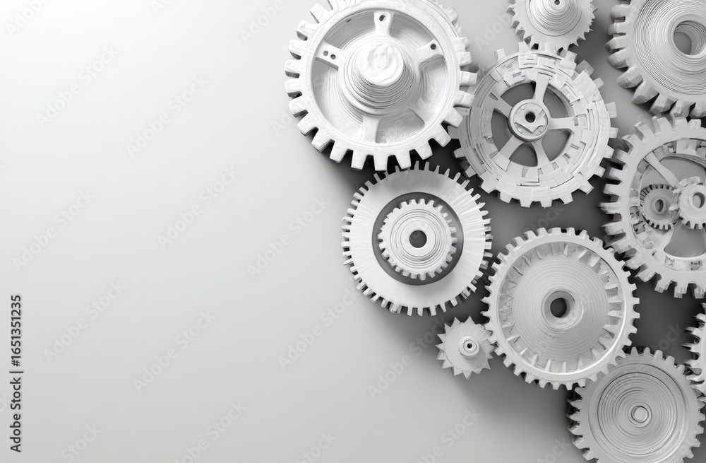 White gears on a light background. Complex mechanism White gears on a light background. Complex mechanism