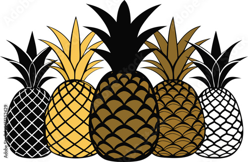 colorful pineapples lined up against a white background