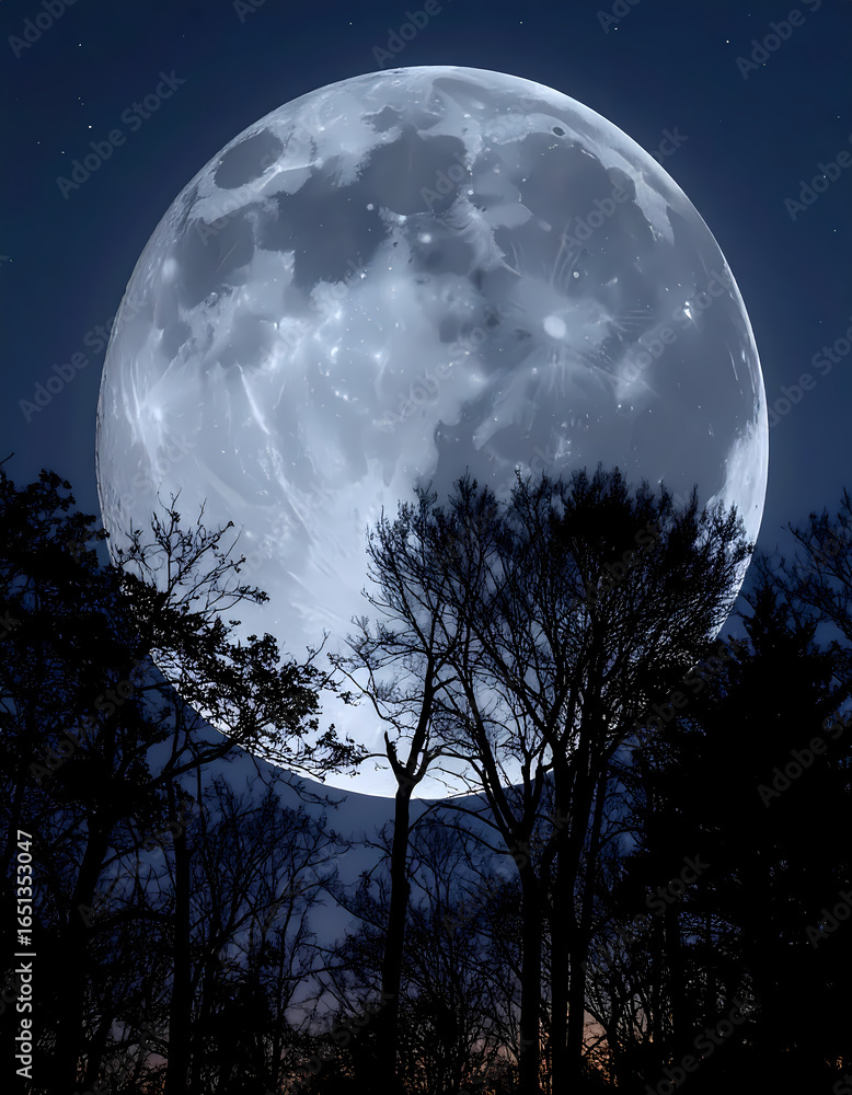 Naklejka premium Full moon over silhouetted trees
