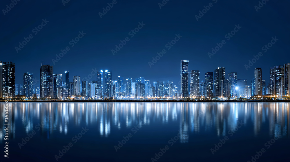 Fototapeta premium A stunning city skyline at night, illuminated by bright lights reflecting on the water, showcasing urban beauty and modern architecture.