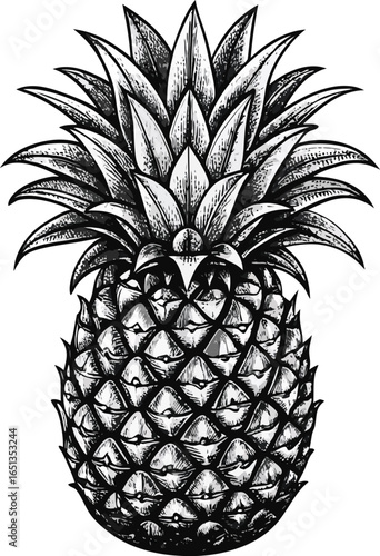 A detailed black and white illustration of a ripe pineapple, showcasing its textured rind and spiky crown of leaves. Isolated on a white background.