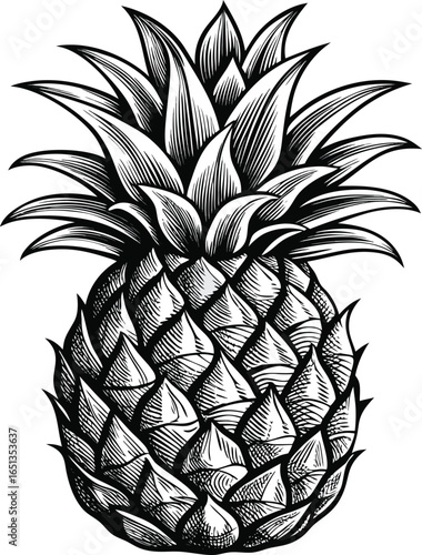 A detailed black and white illustration of a ripe pineapple, showcasing its textured rind and spiky crown of leaves. Isolated on a white background.