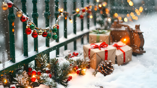 Snowy Winter Scene with Decorated Fence, Sleigh, and Gifts