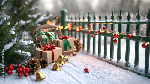 Snowy Winter Scene with Decorated Fence, Sleigh, and Gifts