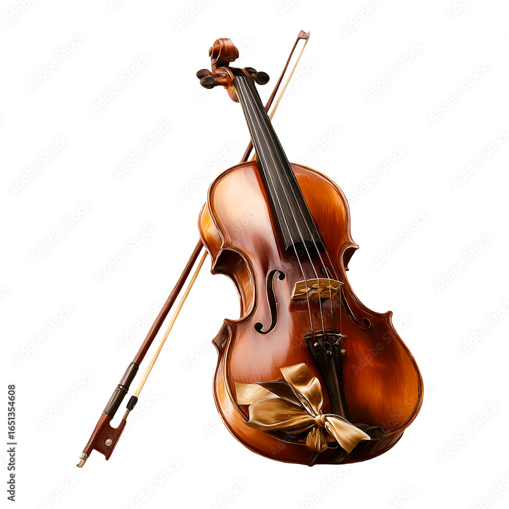 Fototapeta premium A beautifully crafted wooden violin with a bow resting against it isolated on transparent background