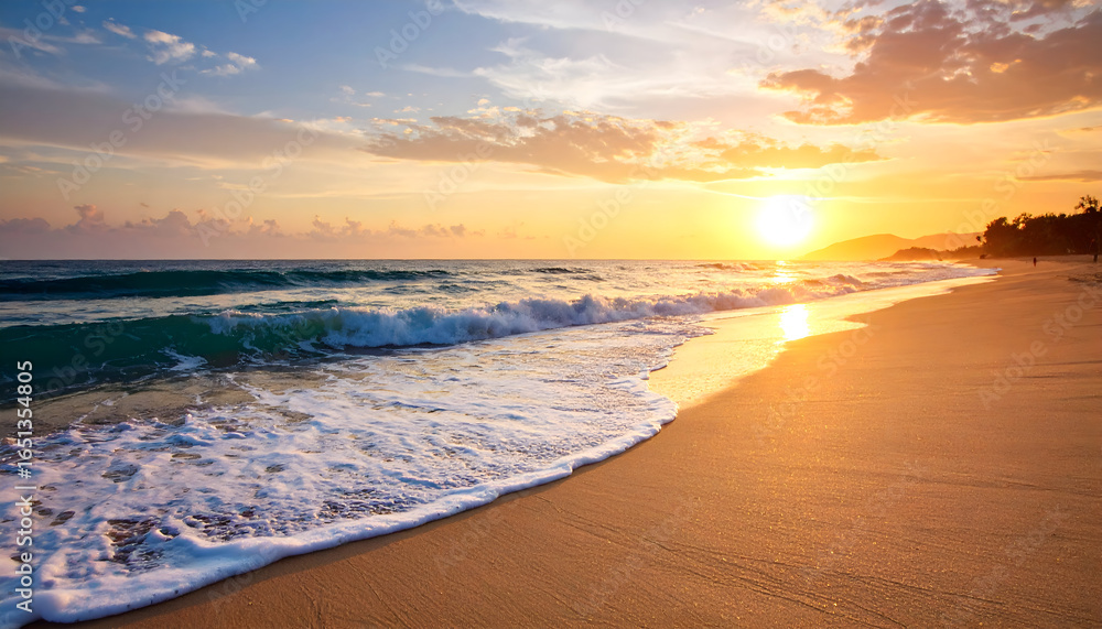 Obraz premium Golden Sunset Over Ocean Waves Crashing On Sandy Beach With Warm Light and Dramatic Sky