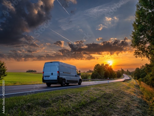 White fast delivery van driving on the asphalt road in rural landscape at golden sunset with dramatic clouds