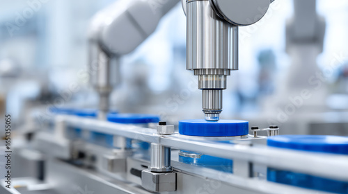Close-up view of robotic arms expertly handling blue lids on a modern assembly line, showcasing automation in manufacturing processes.