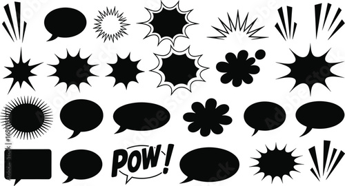 Comic book speech bubbles, vector art, pop art elements, cartoon sound effects, editable templates, graphic design, explosive comic style