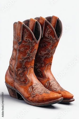 Pair of tan leather cowboy boots.  Ornate floral designs
