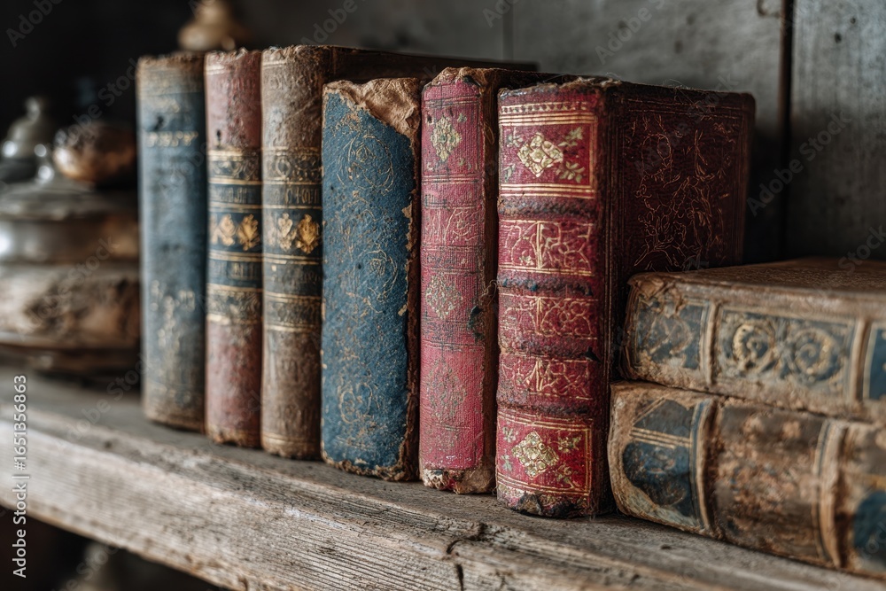 Naklejka premium Vintage Literature: A Collection of Antique Books on a Weathered Wooden Shelf