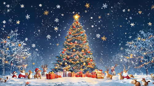 A festive scene featuring a glowing Christmas tree surrounded by gifts and a Santa figure under a starry night sky.