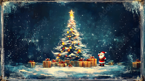 A festive scene featuring a glowing Christmas tree surrounded by gifts and a Santa figure under a starry night sky.