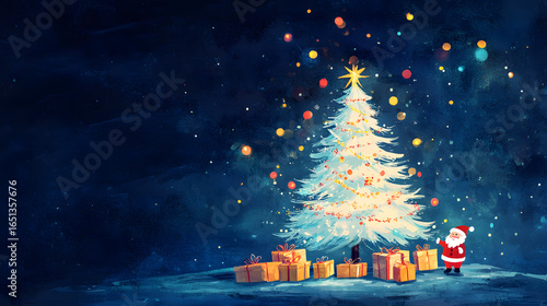 A festive scene featuring a glowing Christmas tree surrounded by gifts and a Santa figure under a starry night sky.