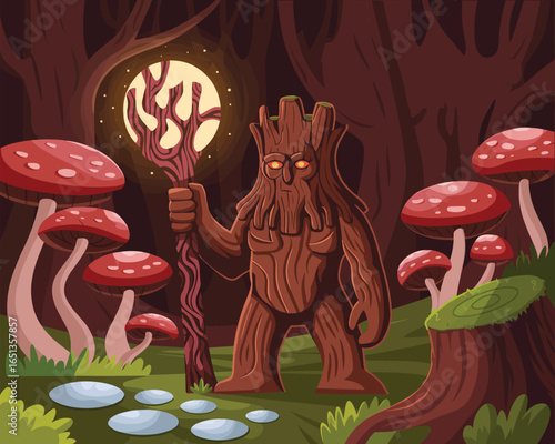 Fantasy forest guardian with glowing eyes and staff, surrounded by giant mushrooms