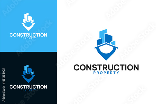 Modern house roof and location pin real estate construction property logo design vector illustration