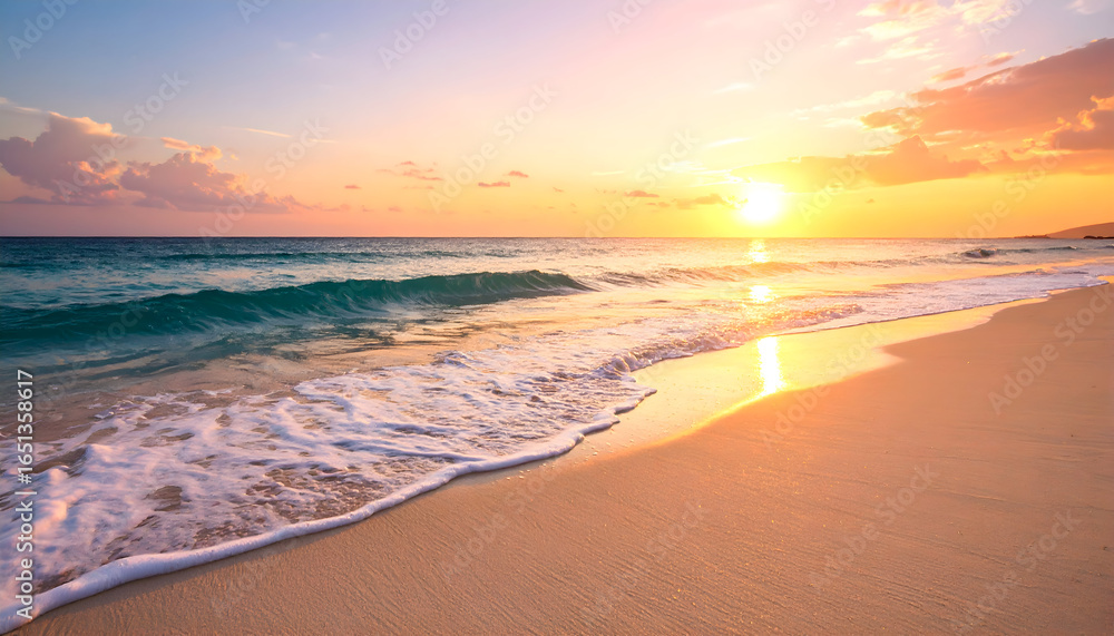 Obraz premium Golden Sunset Over Calm Ocean Waves Touching Sandy Beach with Orange Hues in Sky
