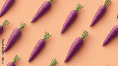 Graphic pattern of purple carrots, arranged precisely on soft peach background.